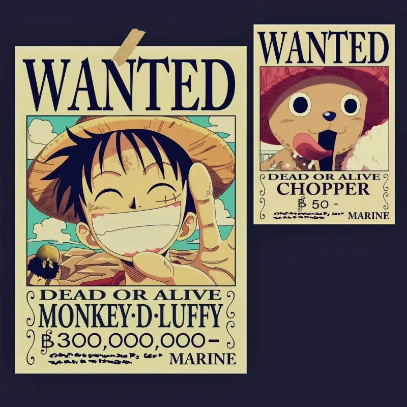 Borderless One Piece Wanted Poster Classic Anime Retro Coffee Shop Dormitory Room Retro Kraft Paper Decorative Painting