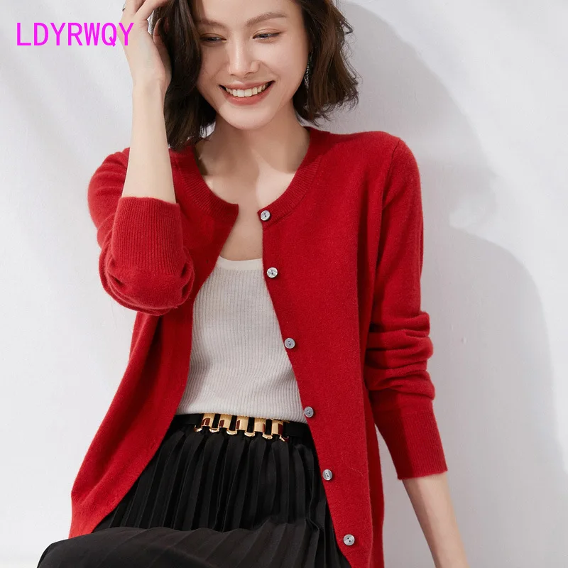 

2023 Spring New Women's Knitted Cardigan Women's Button Design Solid Round Neck Cardigan Solid Sweater Women