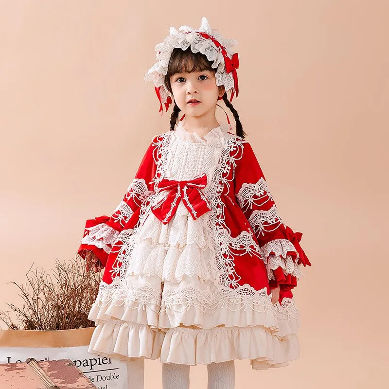 Design lace  bow 2025 New Red New Lolita Lolita Long sleeved multi-layer Princess Dress