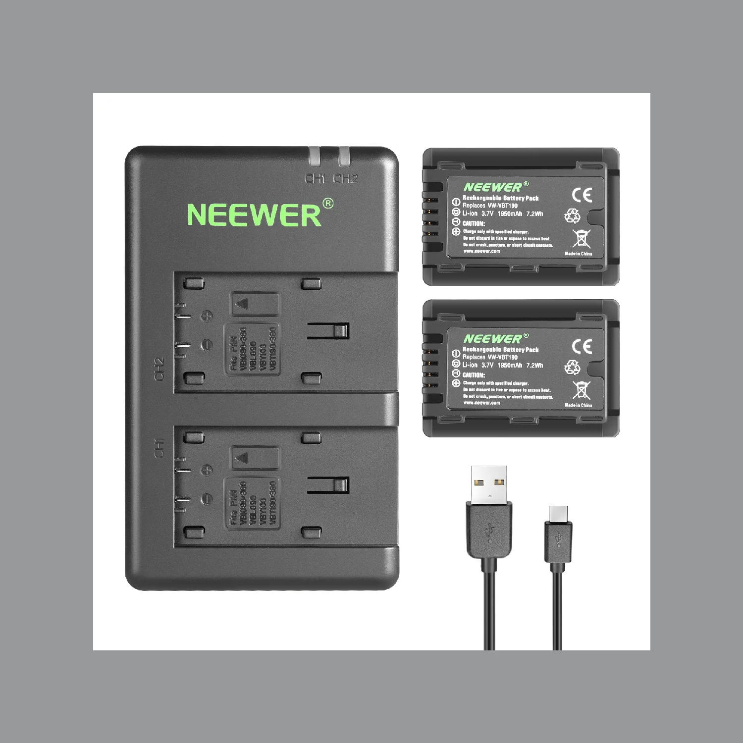 Neewer 2PCS VW-VBT190 Battery 1950mAh with Dual USB Charger Kit for Panasonic HC-V110 V180 HC-V201 V210 V250 HC-V380 Camcorder