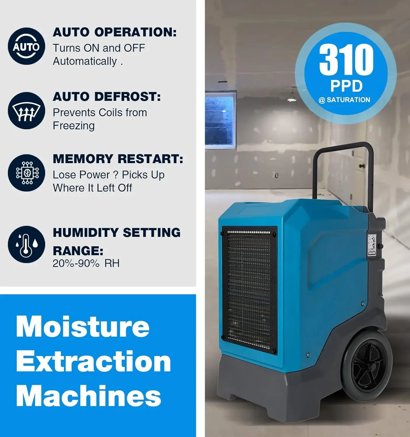 Commercial Dehumidifier with Built-In Pump and Drain Hose – Portable, Heavy-Duty Dehumidifier with Wheels for Basements, Garages