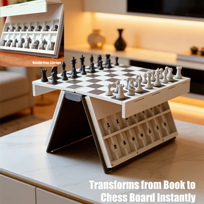 Presente Único para Amantes de Xadrez: Conjunto de Xadrez com Design de Livro Impresso em 3D e Tabuleiro Dobrável, um Jogo Discreto e Portátil para Viagens e Uso Doméstico