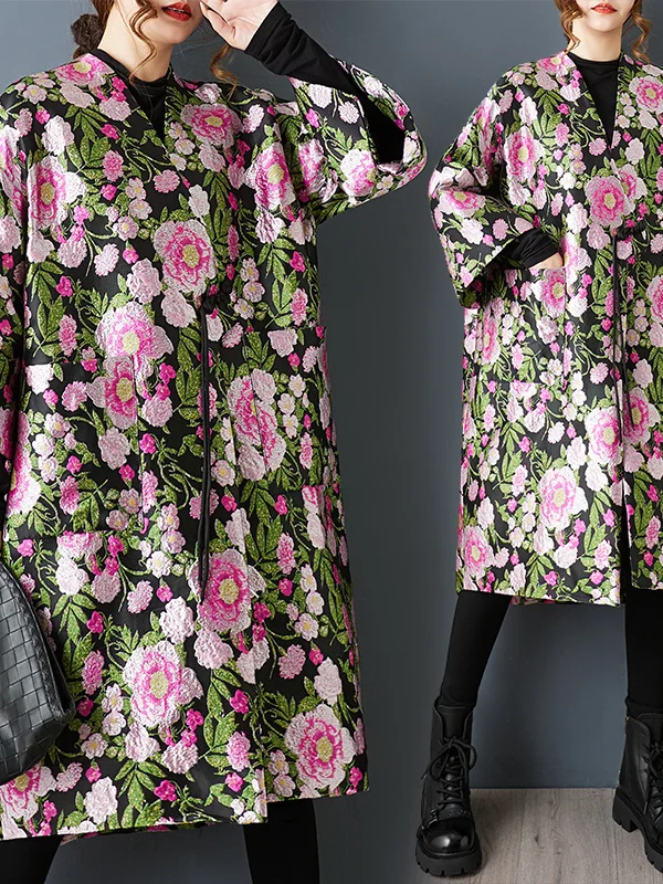 

Сводное китайское пальто средней длины с вышивкой, хлопковая женская весенняя одежда с объемным цветочным узором