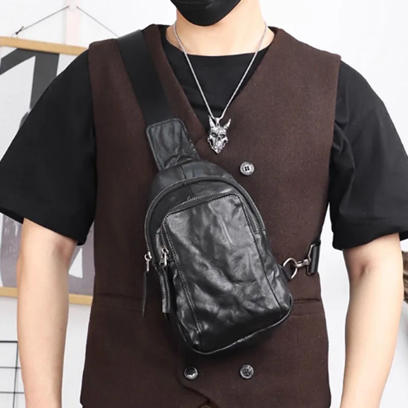 AETOO Distressed pleated cowhide chest bag, men's personalized shoulder bag, crossbody bag, genuine leather small backpack, spor