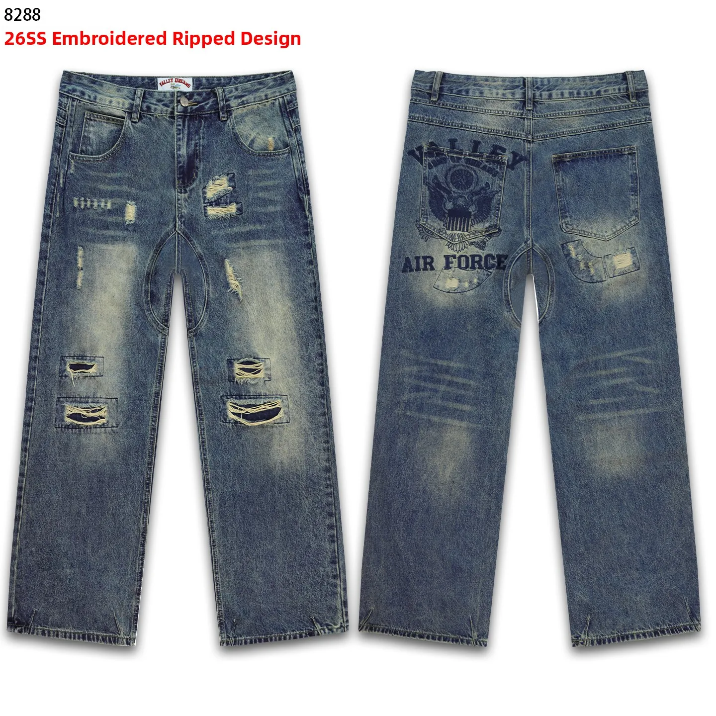 Valley Dreams Men's Casual Embroidered Double Eagle Denim Jeans mid Waist Loose Fit Straight Leg Wear Resistant Autumn Street...