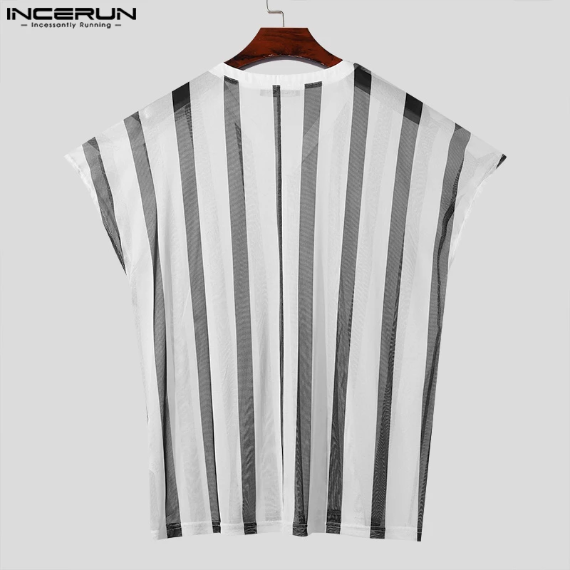 INCERUN Tops 2024 Korean Style Fashion Men\'s Large Stripe T-shirts Casual Street Personality V-neck Short Sleeved Camiseta S-5XL