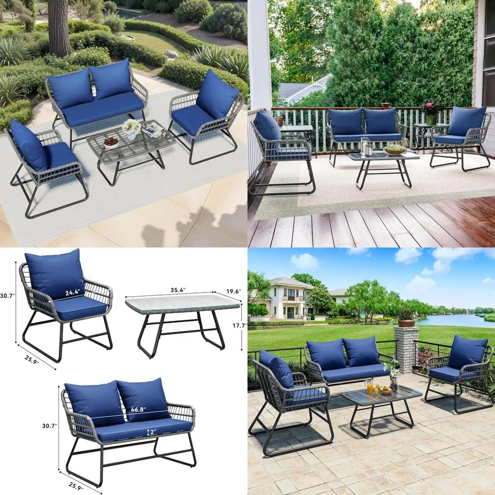 

4-Piece Outdoor Patio Furniture Set, Wicker Bistro Set with Weather-Resistant Rattan and Cushions