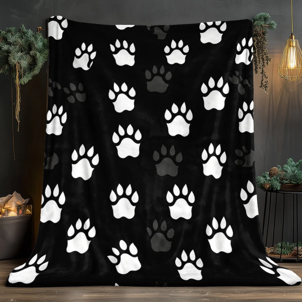 Black And White Paw Print Dog Cat Fleece Blanket Soft Flannel Throw Pet Lover Gift For Animal Enthusiasts Cozy Bedding HomeDecor