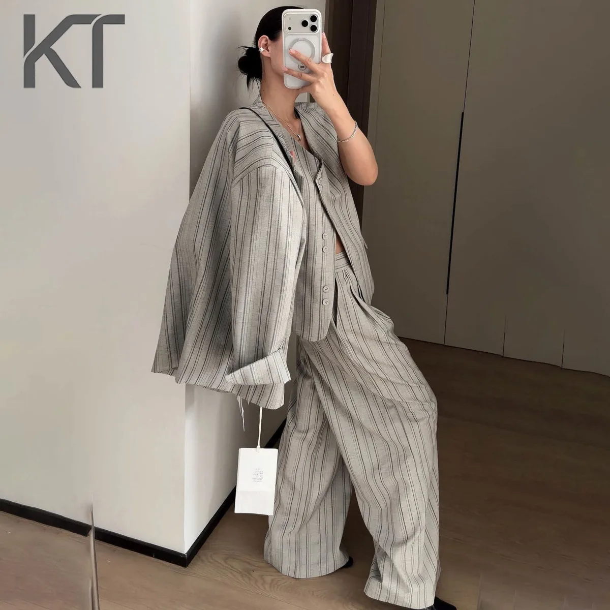 

KT 2026 New Arrival Striped Blazer Set Women Three-piece set Outfit Office Formal Pants Suit Trousers Co-ord Elegant Striped