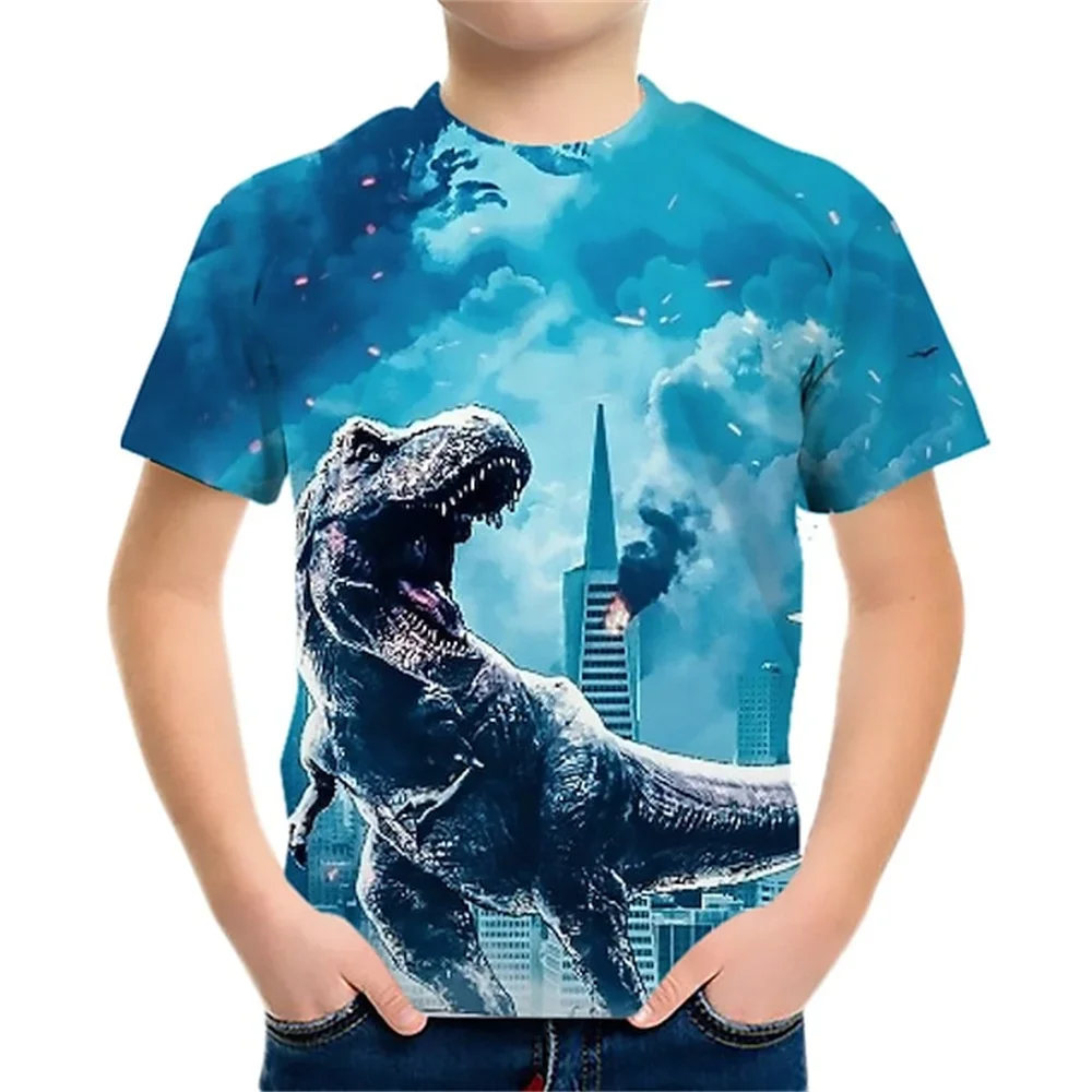 2024 New Hot Boys Girls Dinosaur Short Sleeve Round Neck Cartoon Animal Summer Black 3d Printed T-shirt for Kids