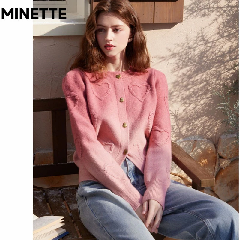 2024 Winter New Blandness Gradient Pink Knitted Cardigan Sweater Women's Fashion Lovely Temperament Wearing A Crew-neck Top