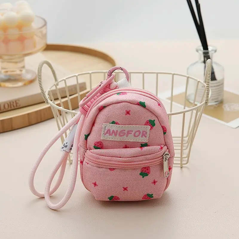 New Strawberry Printed Backpack Coin Bag  Sweet Money Change Purse With Keychain Portable Earphone Storage Bag Wallet