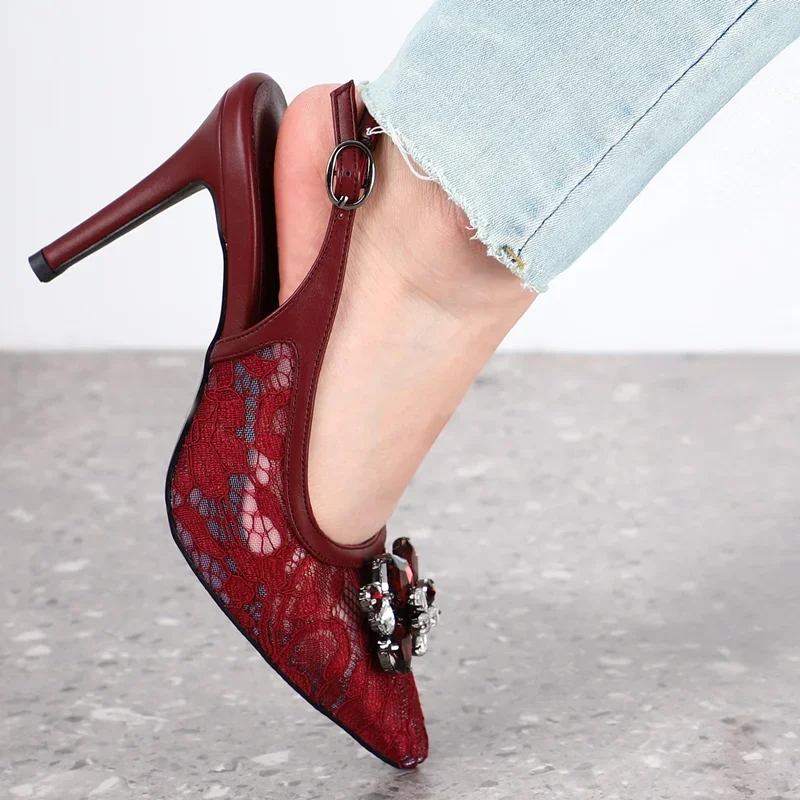 

Crystal Lace Slingback Sandals Sexy Pointed Toe Buckle Strap Thin Heel New Arrivals Fashion Women Modern Shoes