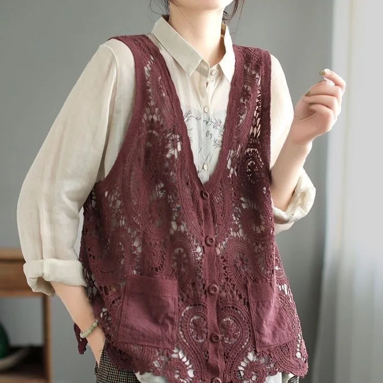 Autumn New Pure Color Artistic Retro Hollow out Knitted Vest Women's Svel Top Layering Cotton  Open Cardigan