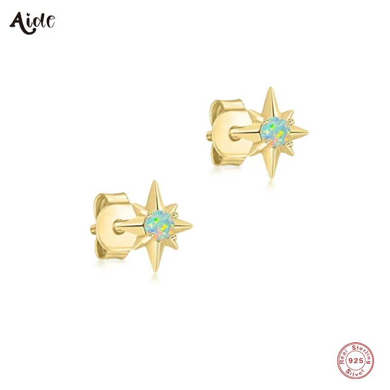 Aide 925 Sterling Silver Sparkling Blue Opal Anise Star Stud Earrings For Women Small Versatile Piercing Stud Pendientes Jewelry