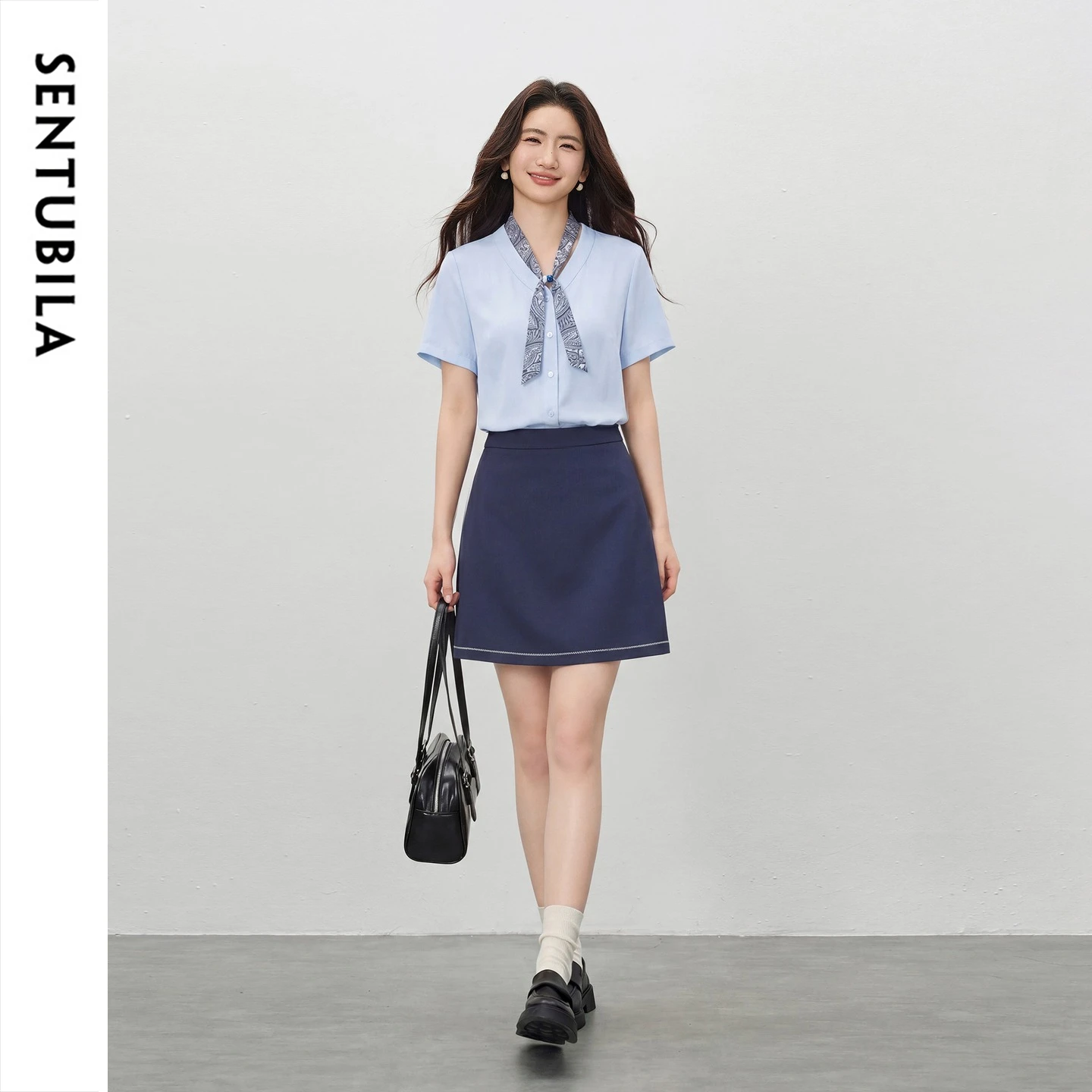 SENTUBILA Women's Commuter Blue Suit 2026 Summer V-neck Chiffon Shirt High-waisted Short A-Line Skirt Two-piece Set 162ZA7518