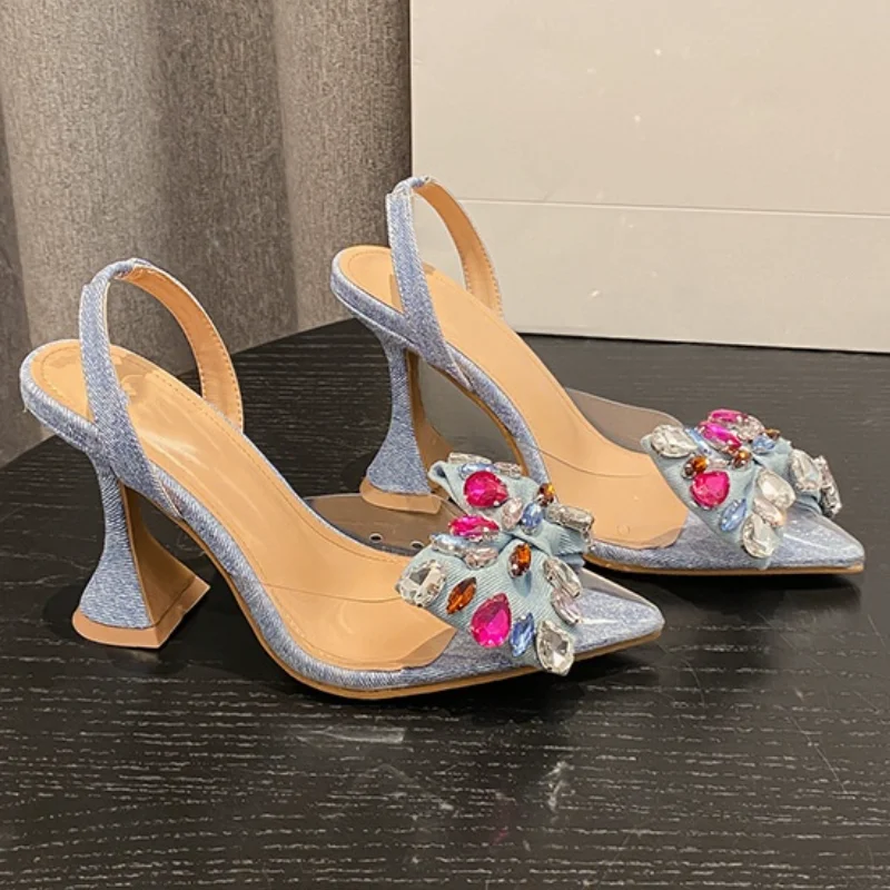

Wine Glass Super High Heels Colorful Rhinestones Butterfly-Knot Sandales a Talons Pvc Strap Pointed Toe Elastic Band Shoes Women