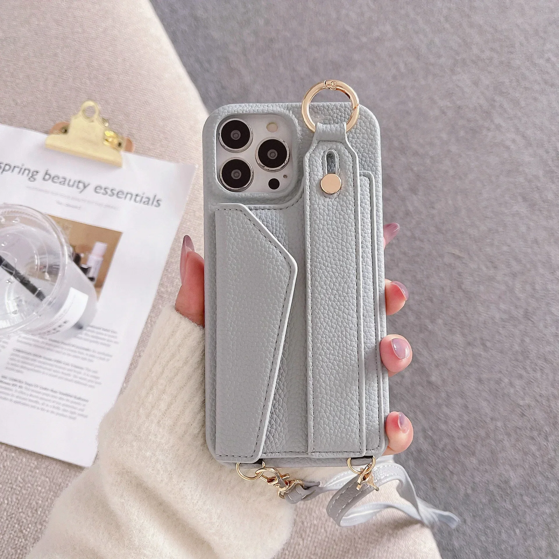 Ring-Crossbody-Handgelenkriemen-Brieftaschen-Lederhülle für iPhone 17 16 15 14 13 12 11 Pro Max Handyhülle mit Kartenfach und Lanyard – Detail 19