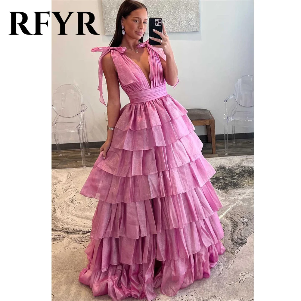 RFYR Pink Evening Dresses Plunging Neck Sleeveless Party Dress Ribbons Tiered Ruffles Prom Dresses Sexy Open Back Robe De Soiree