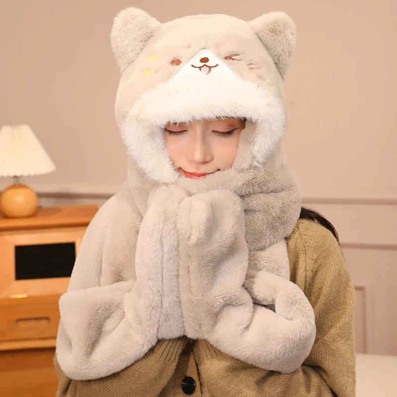 ชุดหมวก ผ้าพันคอ ถุงมือ 3-in-1 สำหรับผู้หญิง ผ้าพลัฌขนสัตว์สำหรับฤดูหนาว ผ้าคลุมศีรษะแบบมีฮู้ดสำหรับสุนัขและแมว ผ้าพันคอขนฟู อุปกรณ์เสริมสำหรับกันหนาว เหมาะสำหรับเล่นสกีและสโนว์บอร์ด