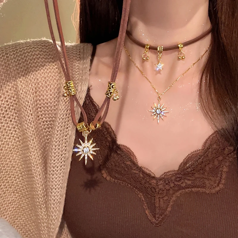 Vintage Sun Star Zircon Necklace Women's Charm Mang Star Pendant Can be Stacked Jewelry Gothic Jewelry Gifts