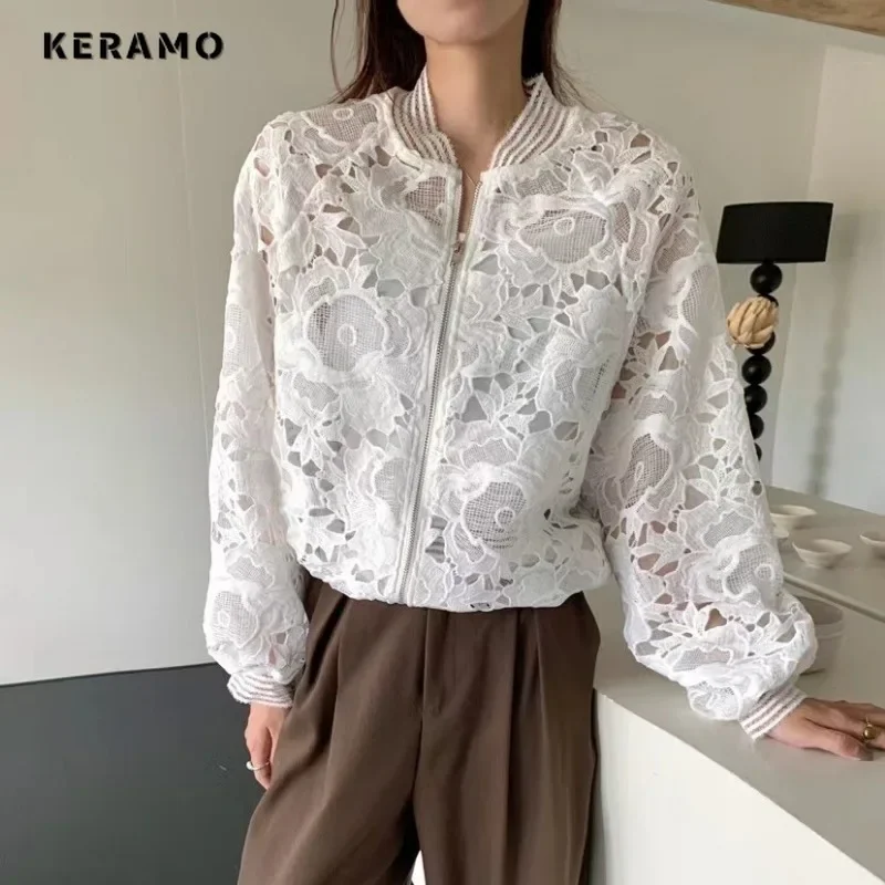 2025 Spring Elegant Style Lady Zipper Floral Print Jacket For Women White Outerwear Casual Fashion Loose Fit Patchwork Coat