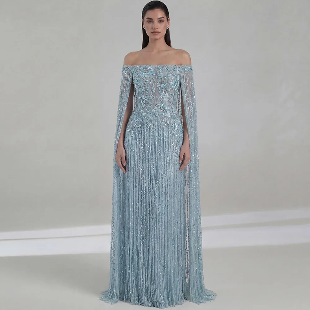 Boat Neck Sleeveless Evening Dress Fashion  A-Line Celebrity Gowns with Tassel Customized Handmade Flowers Pearls Robe de soirée