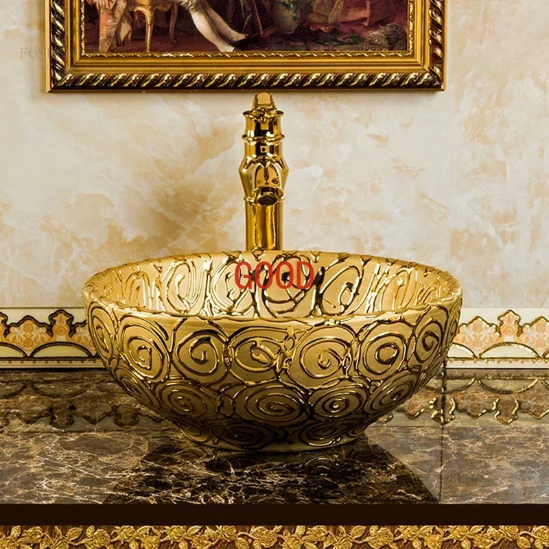 Luxury Golden Bathroom Sinks Simple Bathroom Fixtures Household Ceramic Washing Sink Creative Toilet Round Above Counter Basin