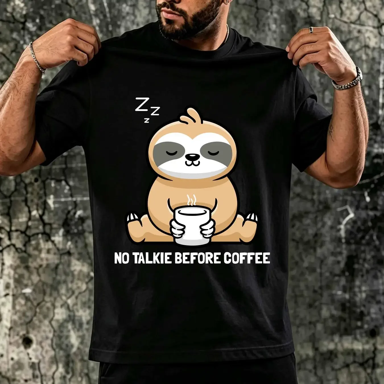 washed T Shirt Sloth s No Talkie Before Coffee Lazy Barista Morning long or short sleeves vintage Washed Top For Everyday Wear