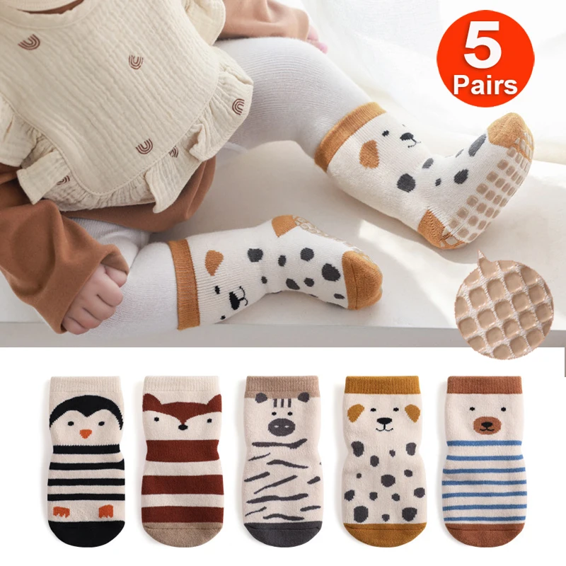 5Pairs Baby Boys Girls Cute Cartoon Cotton Socks Set Toddlers Non Skid Anti-slip Winter Thick Warm Grip Floor Socks Kids Chidren