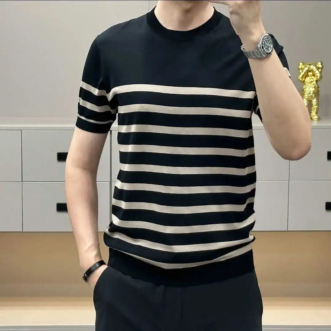 

Летняя мужская футболка 2025 года: элитная, приталенная, вязаная, с коротким рукавом, круглым вырезом, повседневная, комфортная, легкая, модная, в полоску