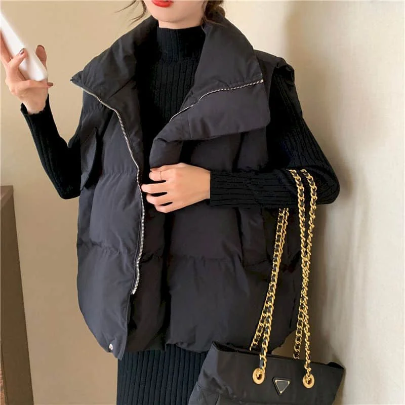 Waistcoats for Women Stand Collar Vests Casual Cotton Added Cardigans Korean Style Oversized Mid Length Quilted Coats Women Tops