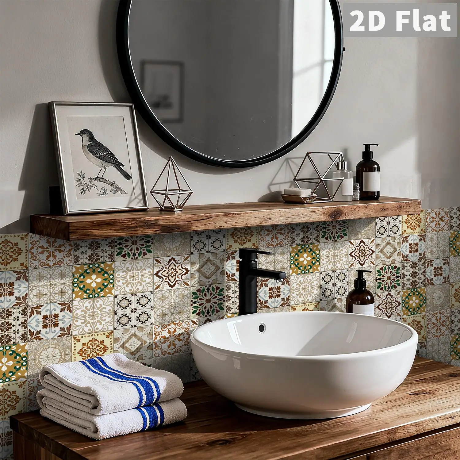 Retro floral tile decal, 36 waterproof self-adhesive wall stickers, suitable for splash proof kitchen and bathroom walls