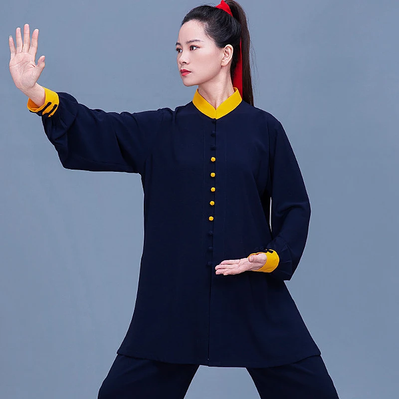 Unisex 2026 Spring Autumn Tai Chi Outfit - Stretch Cotton Navy Blue, Flowy Wushu Set for Practice, Competition & Performance