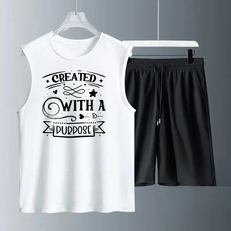 بدلة صدرية رجالية صيفية بدون أكمام مطبوعة مع قطع علوية بدون أكمام + شورت رياضي للرجال طقم رياضي رجالي سريع الجفاف