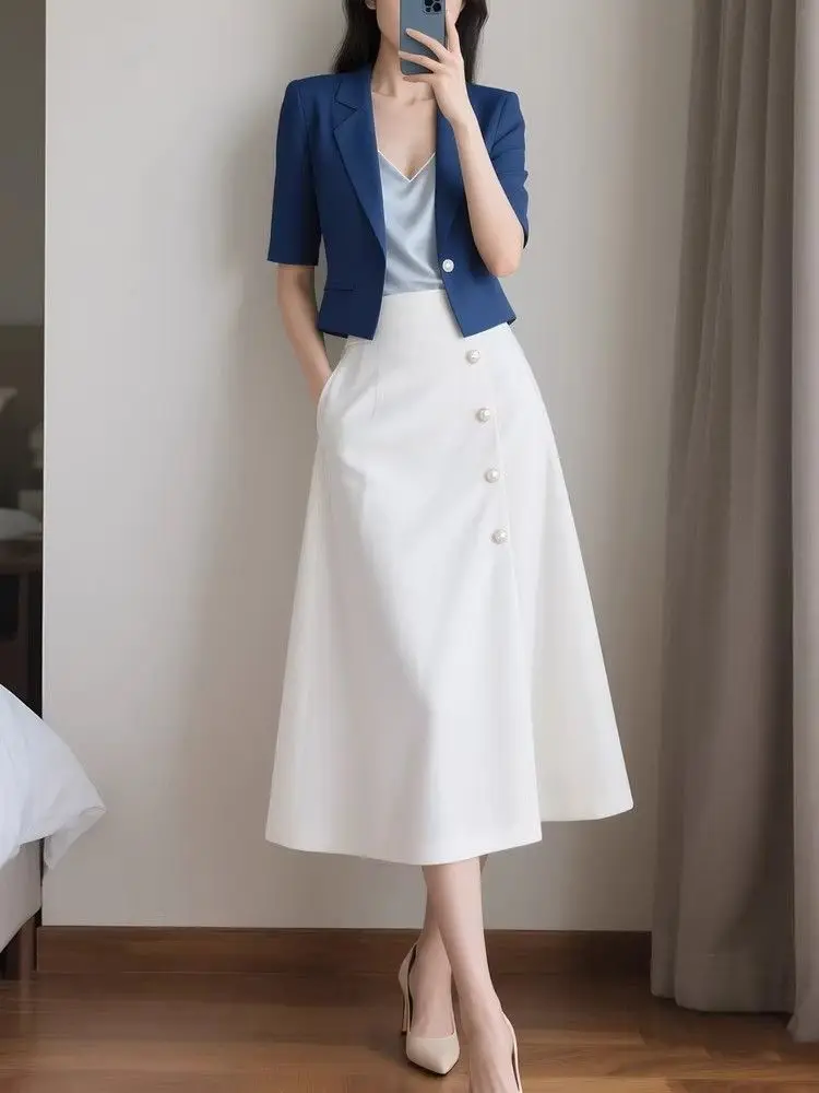 New Summer High End Elegant Skirt Women Office Lady High Waist Single Breasted A-line Midi Skirts Buttons Solid Color Jupe