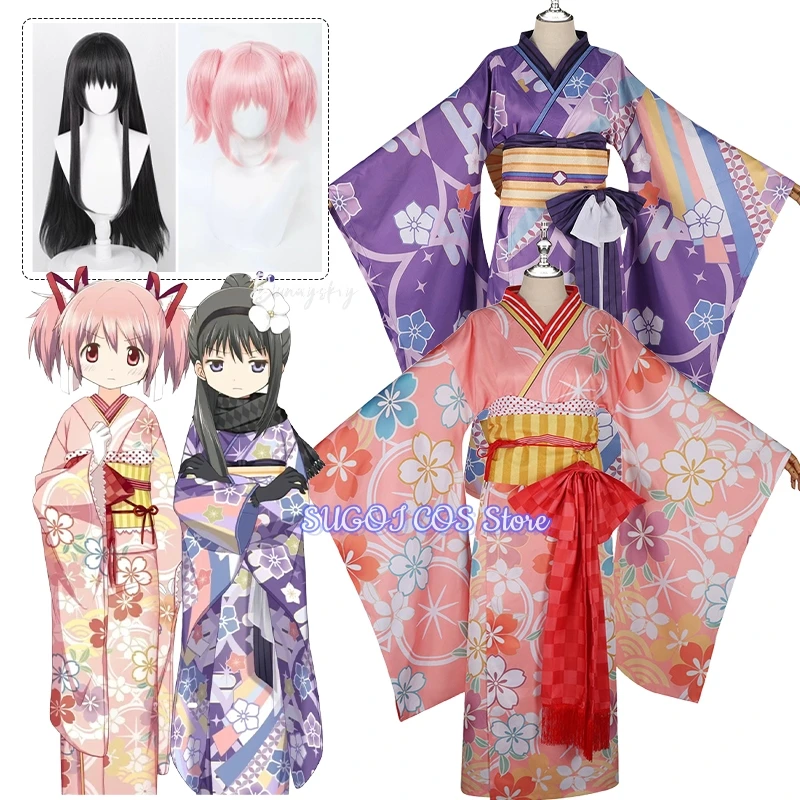 كانام مادوكا/أكيمي هومورا تأثيري حلي ثوب الكيمونو الياباني الوردي الأزرق فستان الزي أنيمي حفلة لعب الأدوار البشكير بدلة جميلة