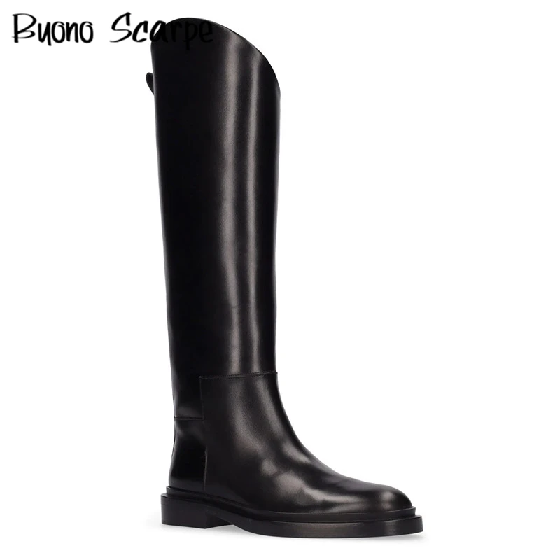 Women Knee High Boots Leather Chunky Knight Boots Autumn Winter Botas Mujer Leather Thick Sole Booties Office Lady Runway Shoes