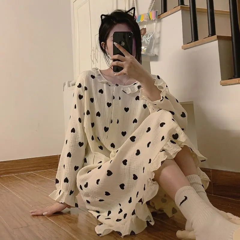 

Long-sleeved Printed Nightgown Mid-length 2025 New Spring Autumn Korean Version Cute Women's Lingerie Dressing Gown Sleep Wear