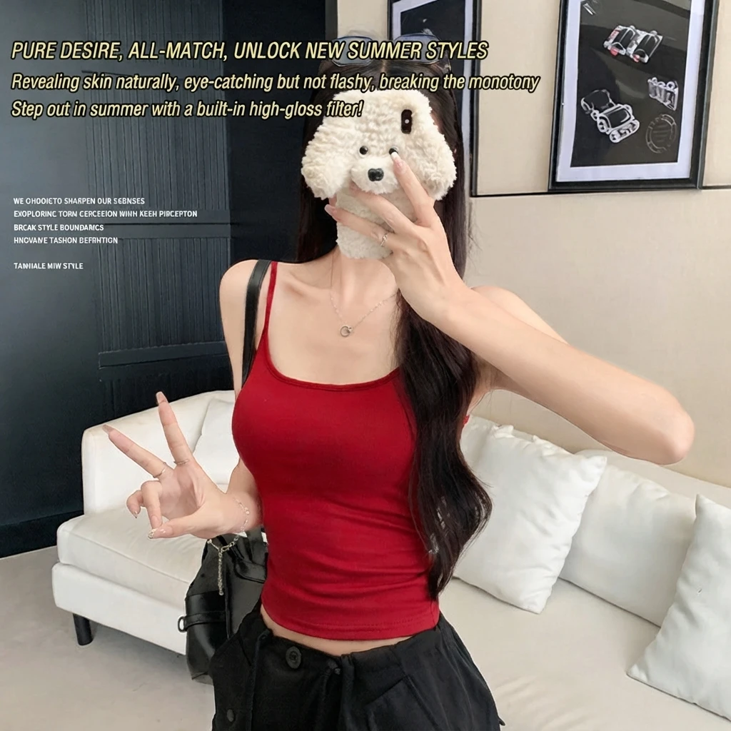 Women Viscose Tank Top with Chest Pad U Neck Sleeveless Slim Fit Ultra Short Summer Camisole Vest Casual Sport Travel Daily Wear