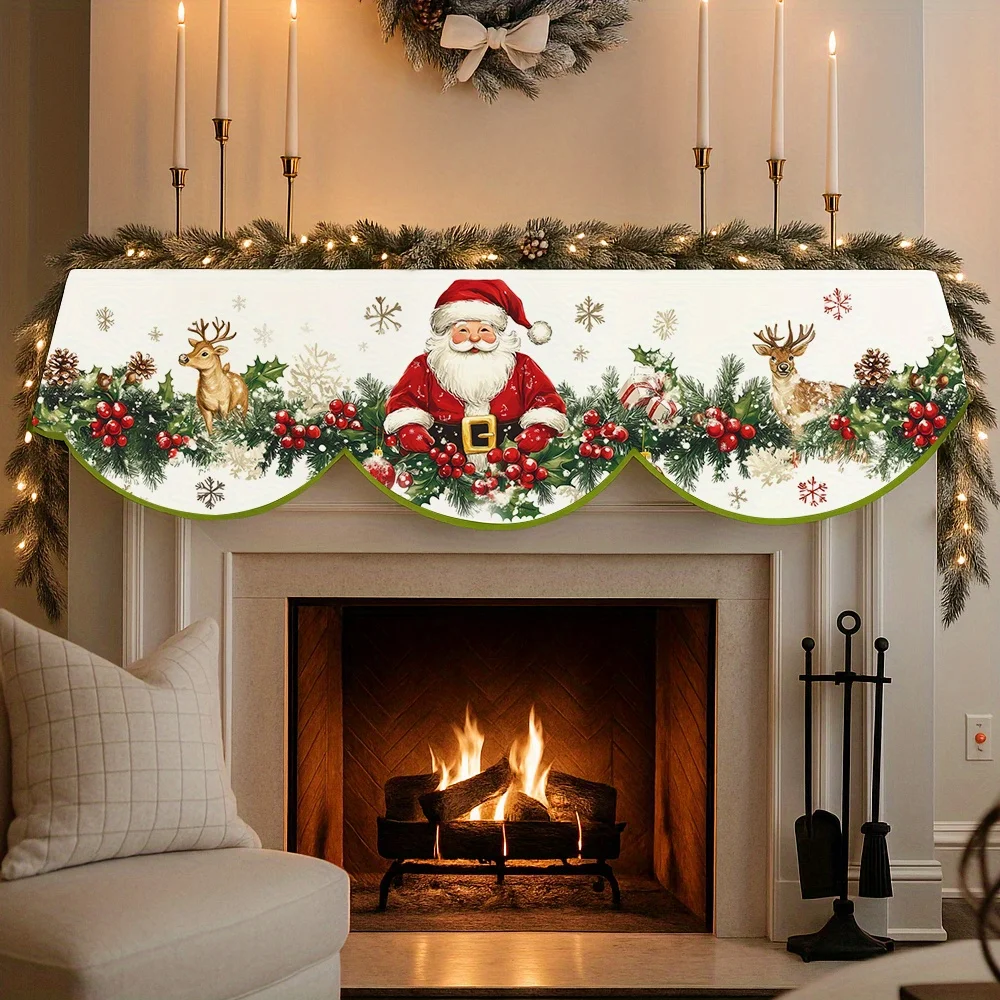 VIKAMA Christmas Fireplace Mantel Scarf Santa Reindeer Mantel Topper Holiday Fireplace Shelf Cover Xmas Home Indoor Decor