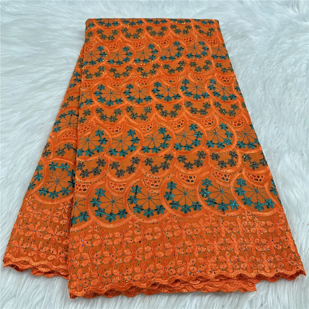 Fashion Swiss Voile Embroidery Lace Fabric 5 Yards African Cotton Lace Fabric with Stones for Bridal Evening Party Dress 31A21
