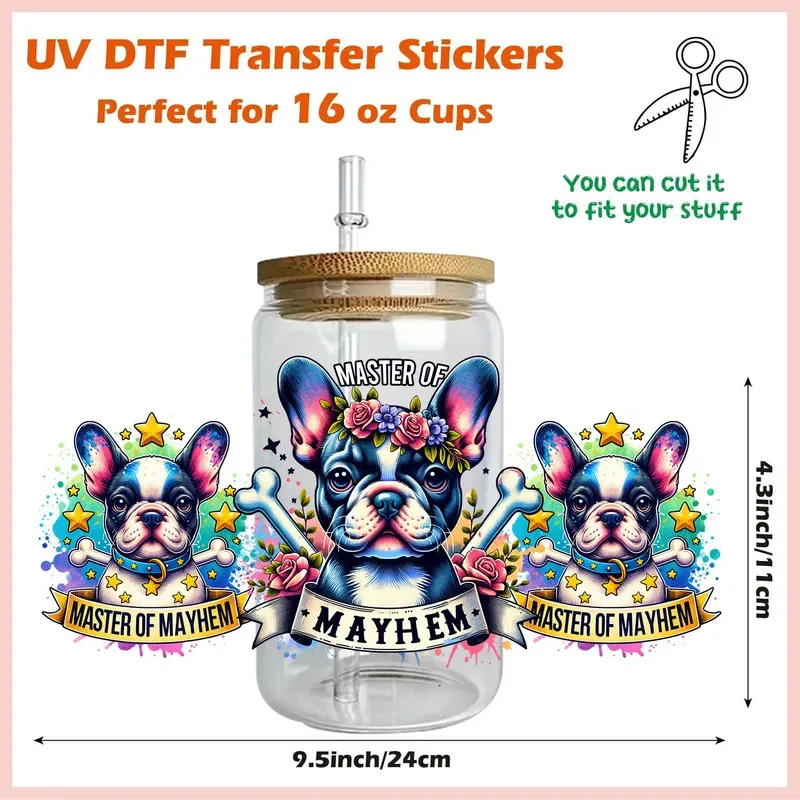 Popular style 1/5 sheets Funny Cute Dog quotes Party DIY Decals 3D transfers uvdtf stickers 16oz uv dtf cup wraps