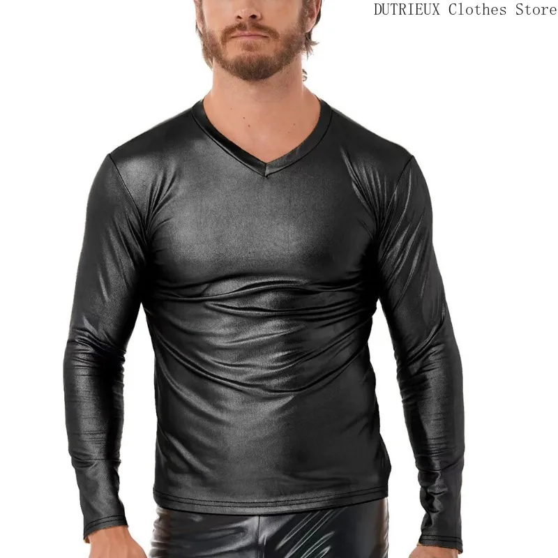 Autumn and Winter Street Men Black PU Leather Outdoor Motorcycle Punk Leather Men's V-neck Long Sleeve Stretch Tight Top