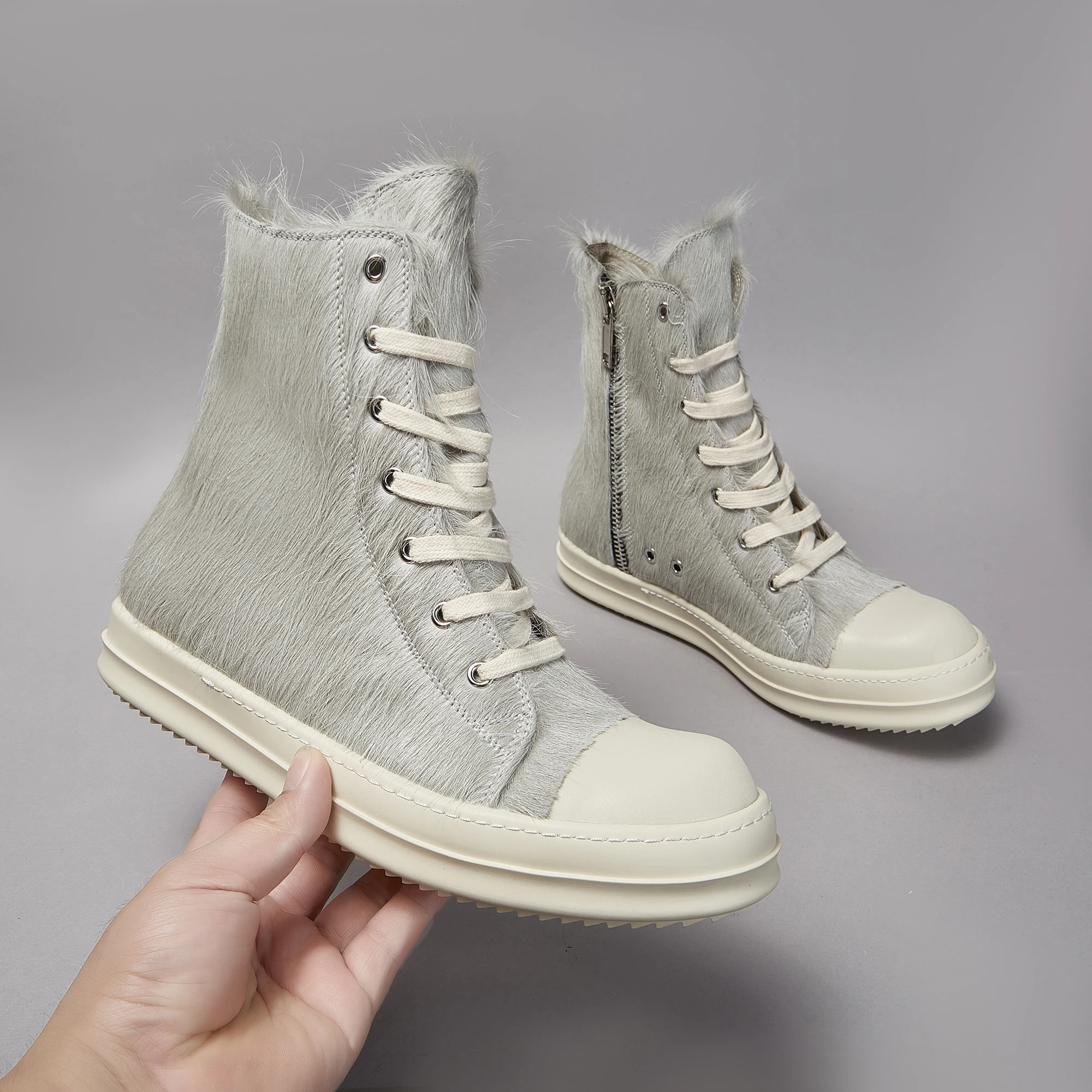 

Brand Casual Women Shoe Horse Fur Leather Men Sneaker Grey High Top Trainer Lace Up Designer Fashion Thick-sole Flat Shoe