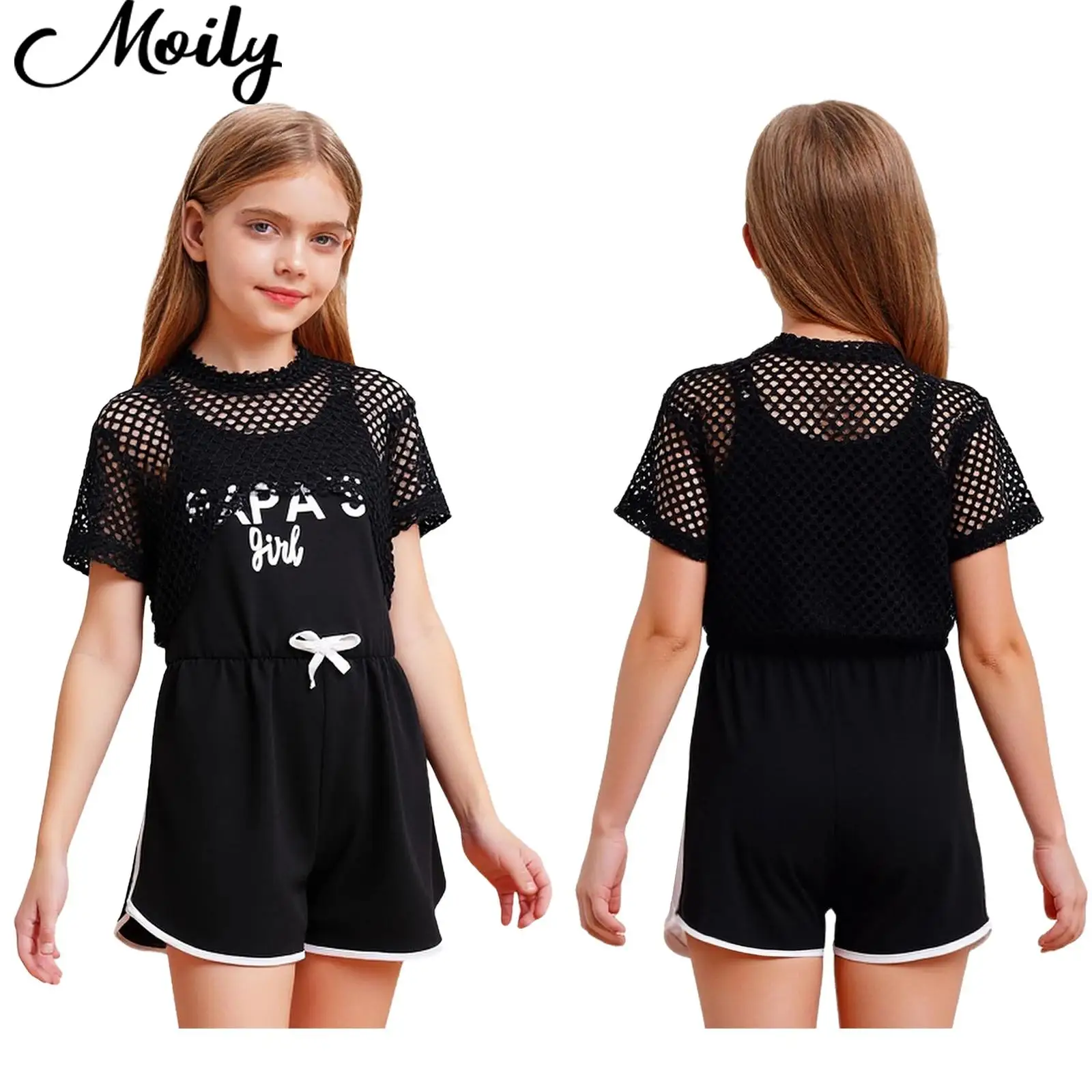 

2 Pcs Girls Fashion Stretchy Sports Outfit Short Sleeve Asymmetrical Hem Hollow Out Mesh Crop Top+Wide Shoulder Straps Jumpsuit