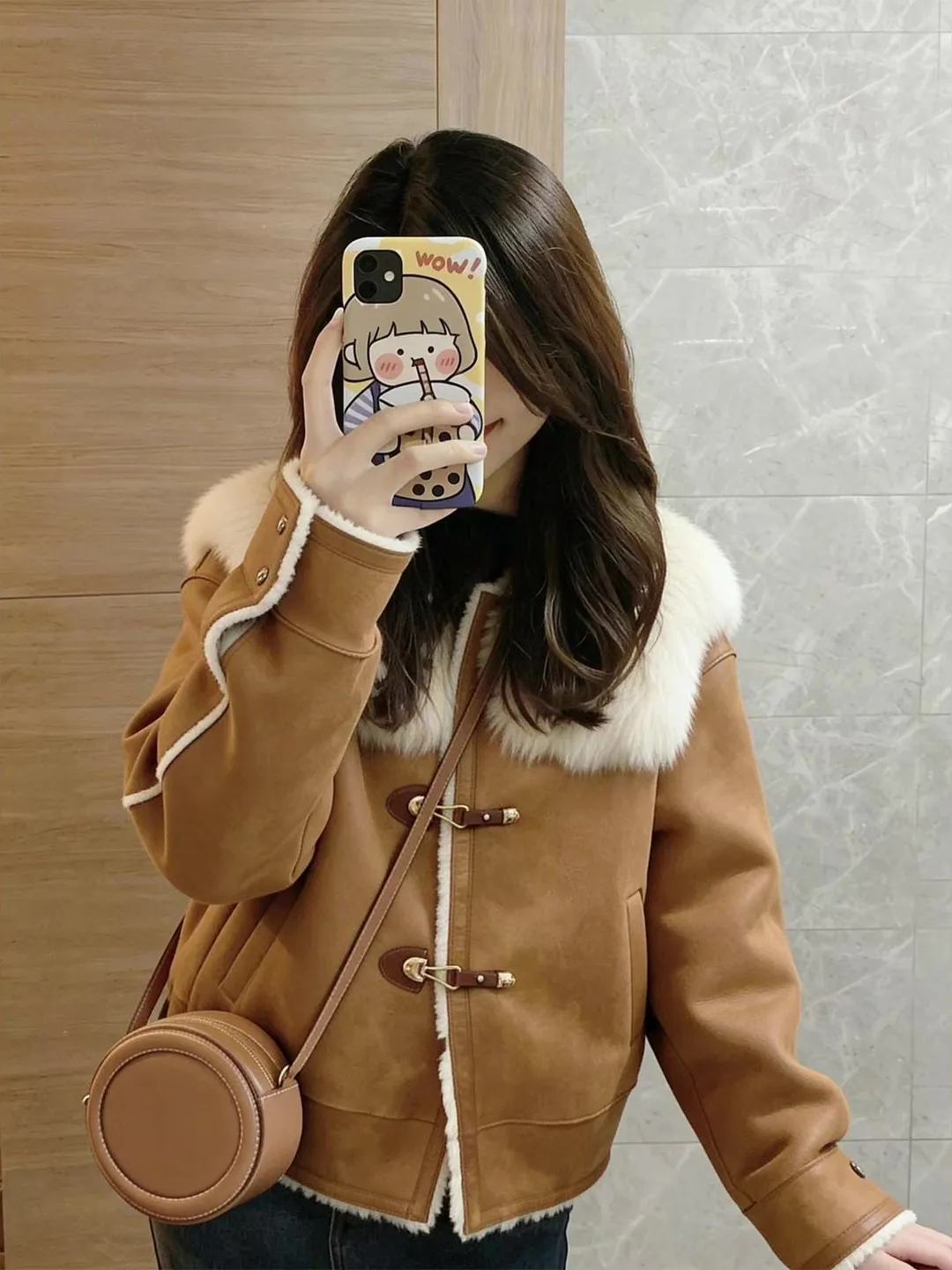 

Корейская пригородная куртка из натуральной кожи и меха ягненка, коричневая куртка с высоким воротником, осенне-зимняя повседневная верхняя одежда