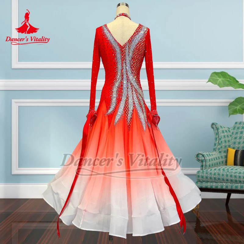 Valse adulte femme rouge-blanc dégradé couleurs AB pierres robes de compétition avec collier luxueux personnaliser la vitalité du danseur
