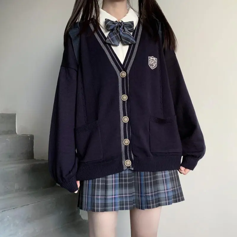 Knitted Cardigan College Style Japanese JK Uniform Blue Long Sleeve Sweater Embroidery Student Korean Loose School Girls Uniform