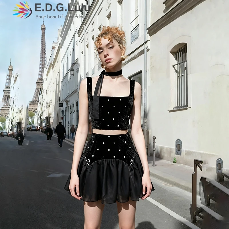 

EDGLuLu Women's Square Neck Sleeveless Short Top+High Waisted Mini Ruffled Skirt Diamond Inlay Splicing 2 Pieces Set 1109